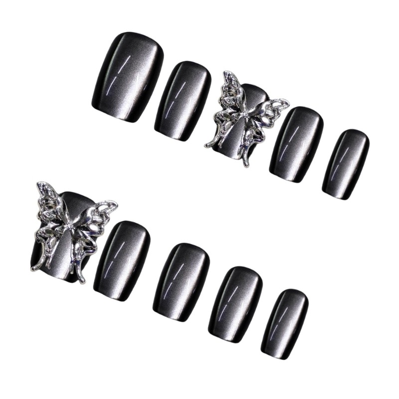 10Pcs Cats Eye Press On Nail 3D Butterfly Metallic Gray Square Artificial Nail
