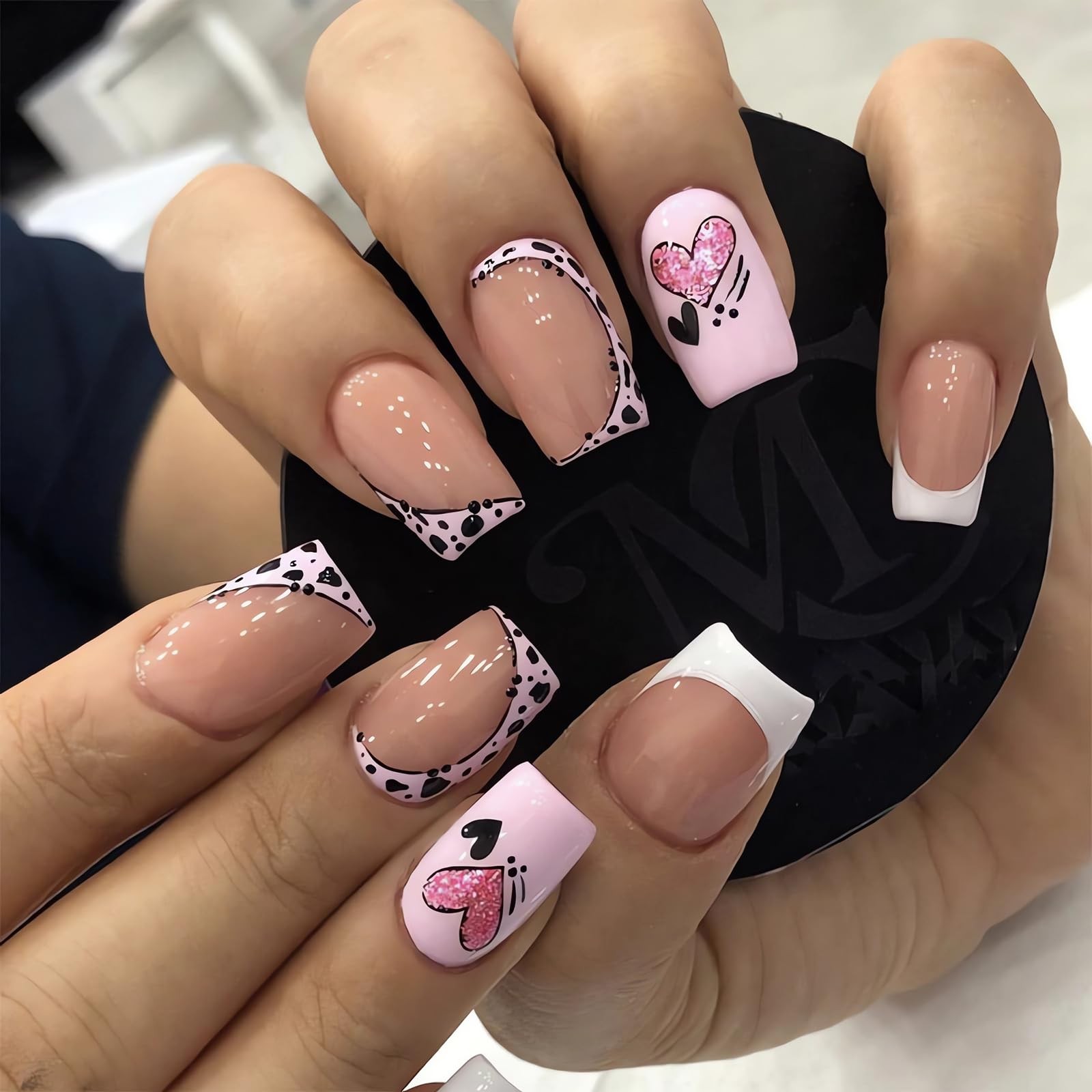French Tip Press on Nails Valentines Heart Fake Nails Medium Square Acrylic N…
