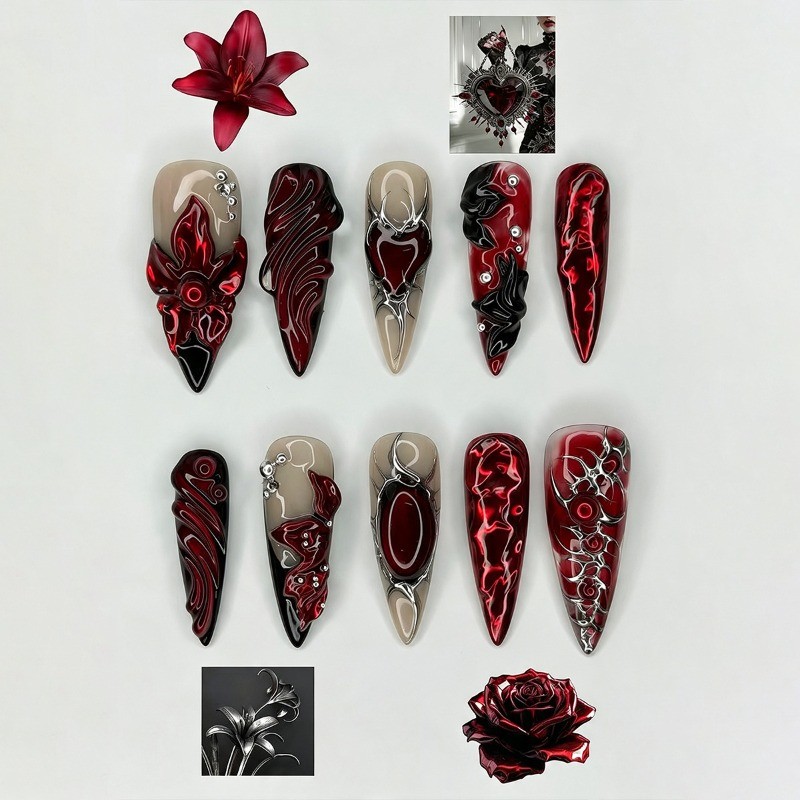 48Pcs Stiletto Press on Nails, Red Black Rose Heart Metal Gothic Fake Nails
