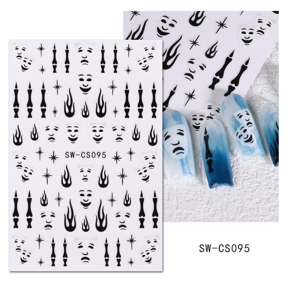 6Pcs Clown Nail Sticker 3D Halloween Candle Star Comic Heart Flame Graffiti NS52