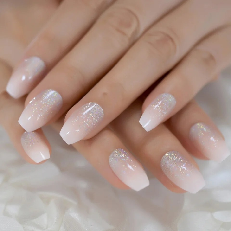 24 French Ombre Glitter Press on nails kit w glue nude white