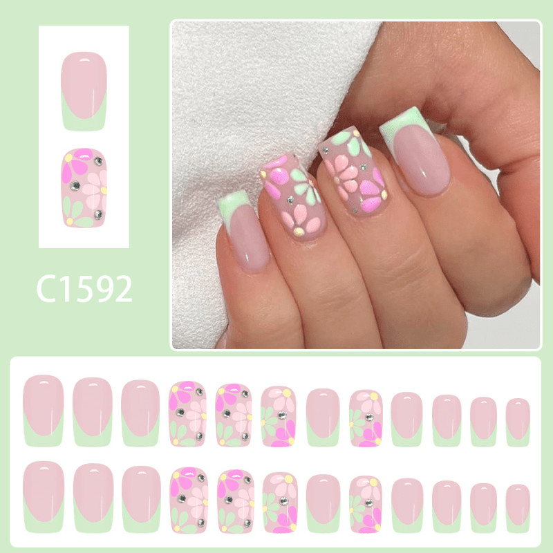 48pcs Short Square Press on Nails, Mint Green French Tip Pink Flower Nails