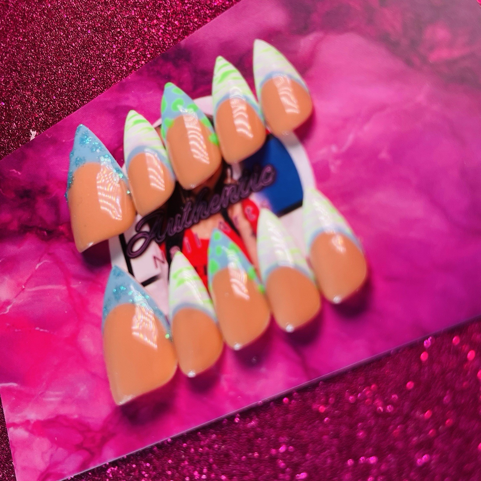 Authentic Nail Arts by Dia Long Stiletto Press-On Nails Nude Blue Green Glossy