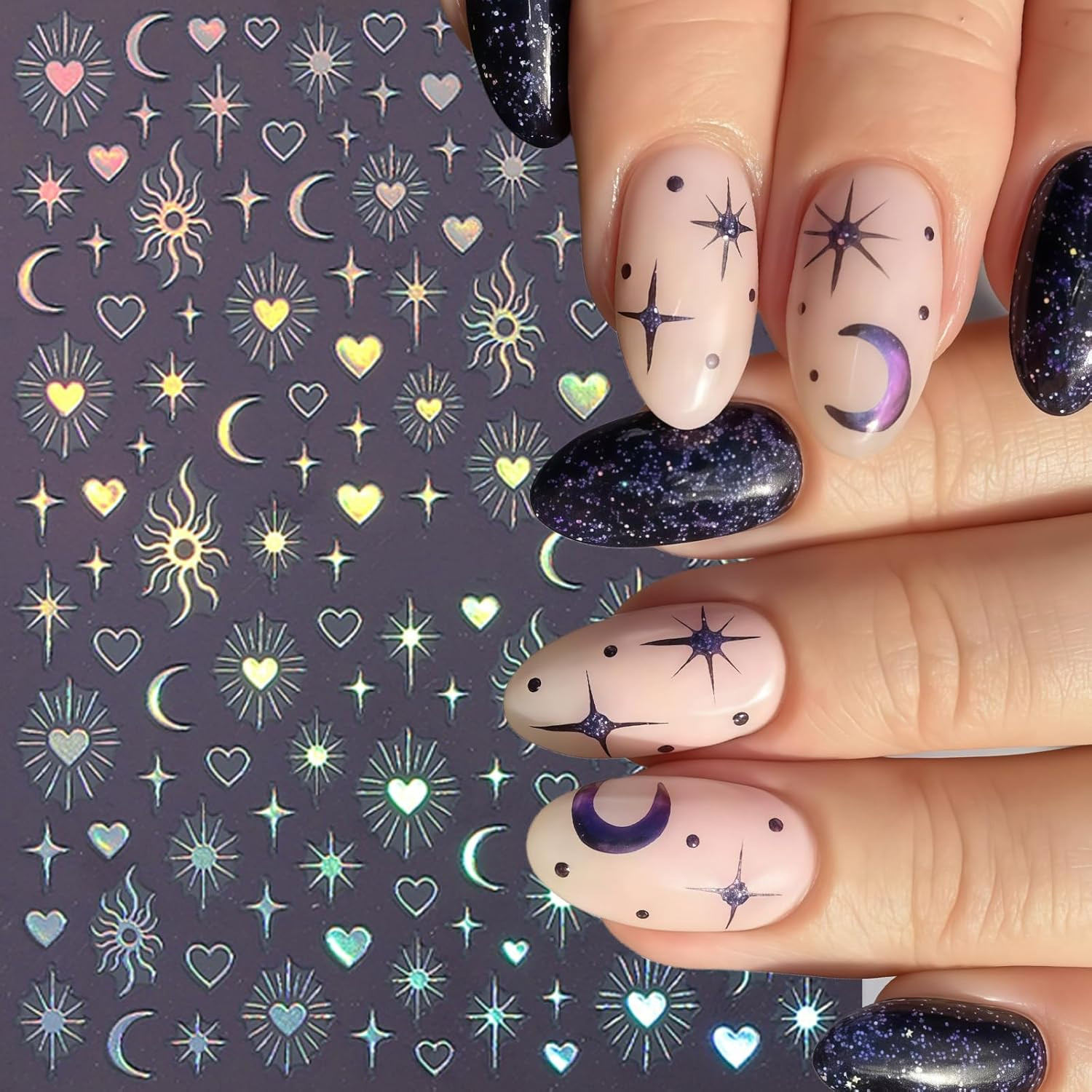 6 Sheets Gold Star Nail Stickers for Nail Art 3D Self Adhesive Moon Heart Nail A