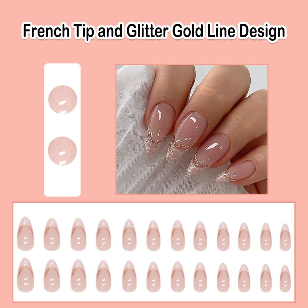 French Tip Press on Nails Almond Short Medium Nude Fake Nail with Glitter Gol…