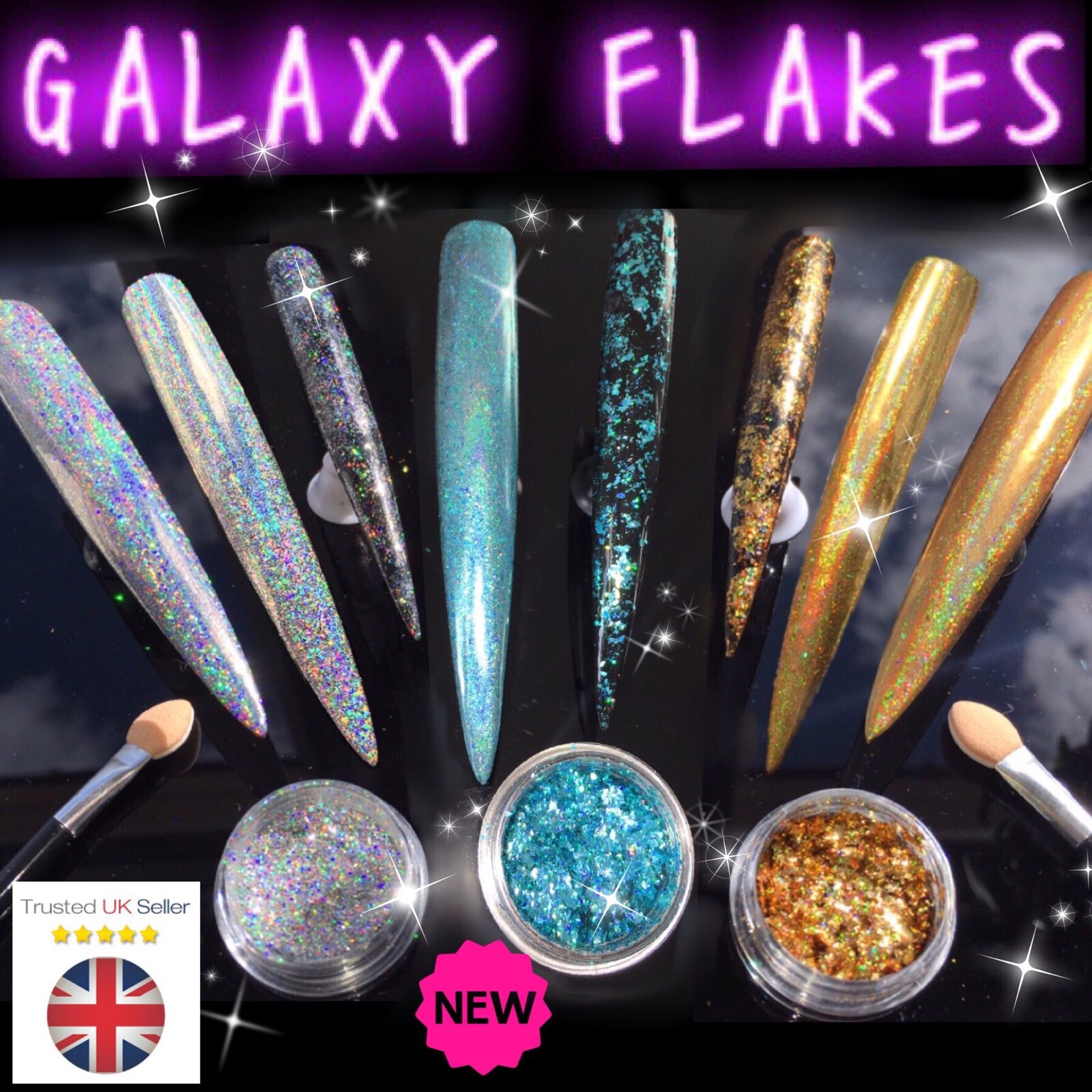 GALAXY HOLO FLAKES Gold Chrome Holographic Nail Sequins Unicorn Powder Rainbow