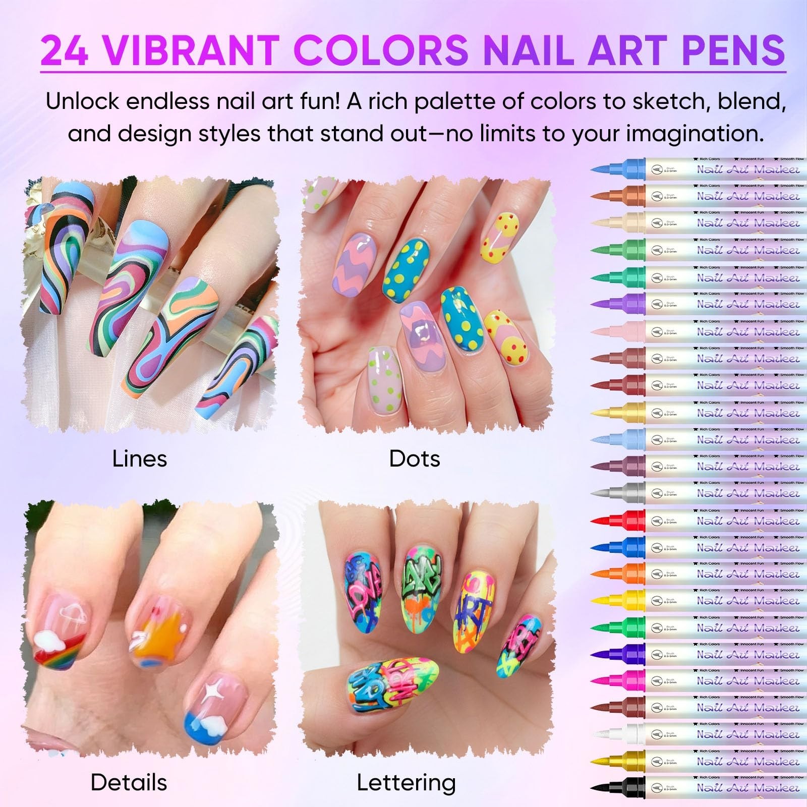 24 Color Dual-Ended Nail Art Pens Set, Quick-Drying Markers for DIY Nail Design