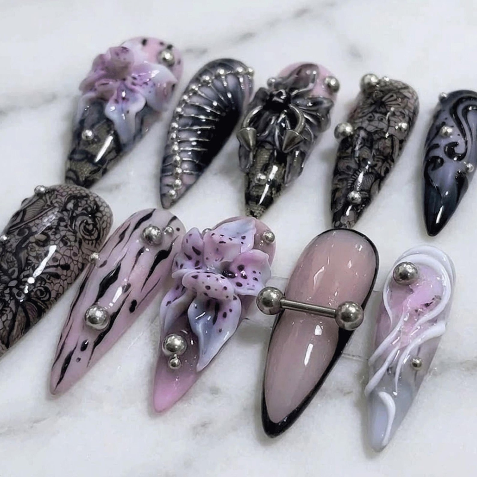 Handmade Black Lace Marble 3D Orchid Silver Bead Long Stiletto Press on Nails