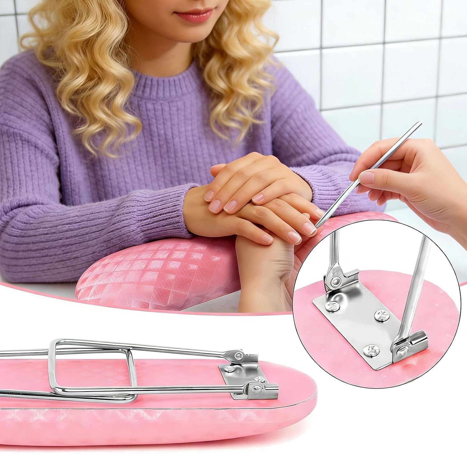 Ergonomic Pink Nail Hand Holder – Microfiber Leather Cushion for Technicians
