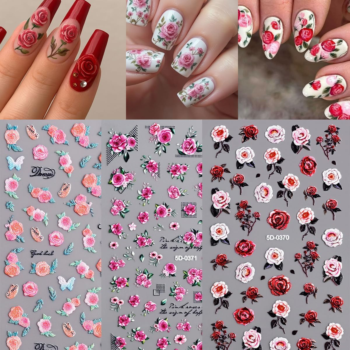 8 Sheets Summer Flower Nail Art Stickers Self-Adhesive Floral Nail Decals with R