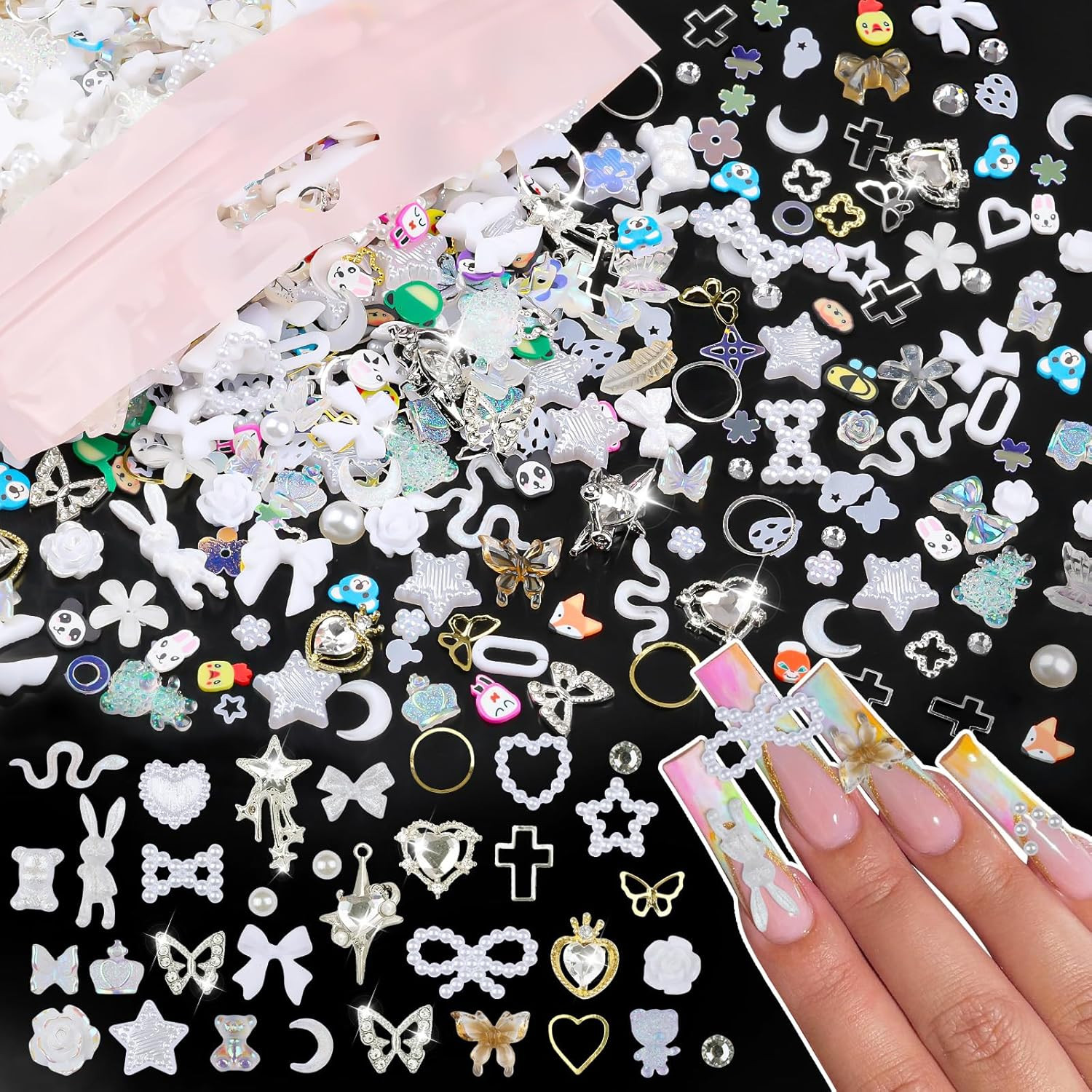 650Pcs Cute 3D Nail Charms and Gems, White Rabbit Bow Charms Alloy Butterfly Hea