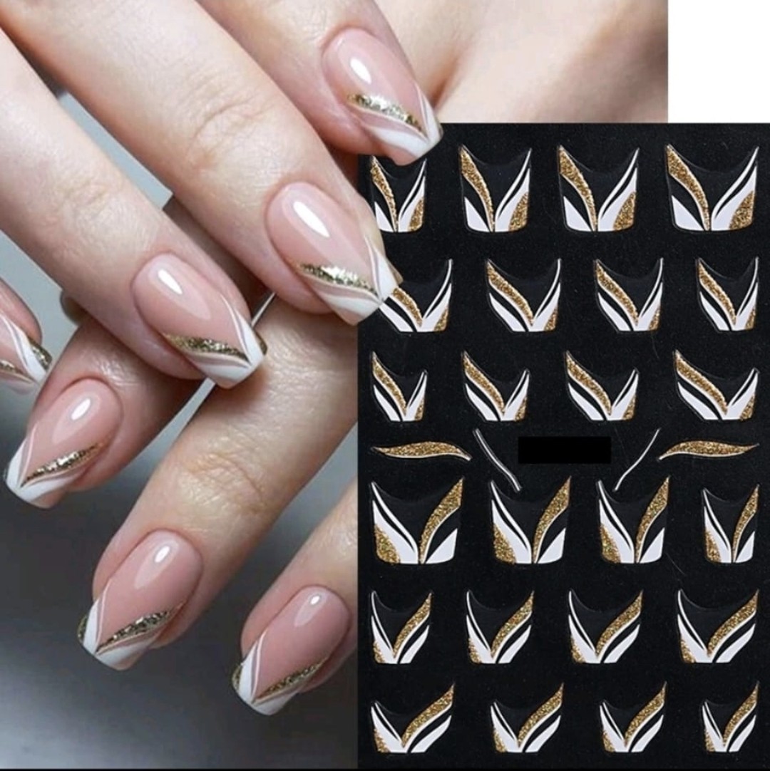 Nail Stickers French tips Line Manicure Mani Stencils White Gold Glitter (LSJ72)