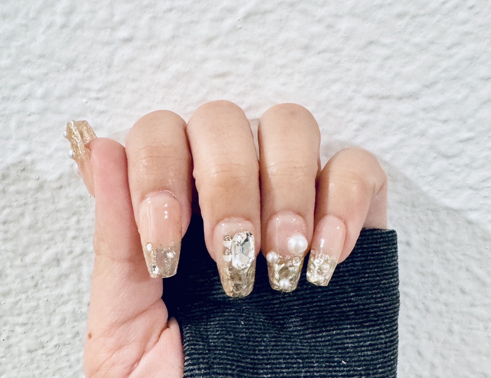 Press On Nails Handmade Champagne Pearl Rhinestone Flashing Medium Coffin S M L