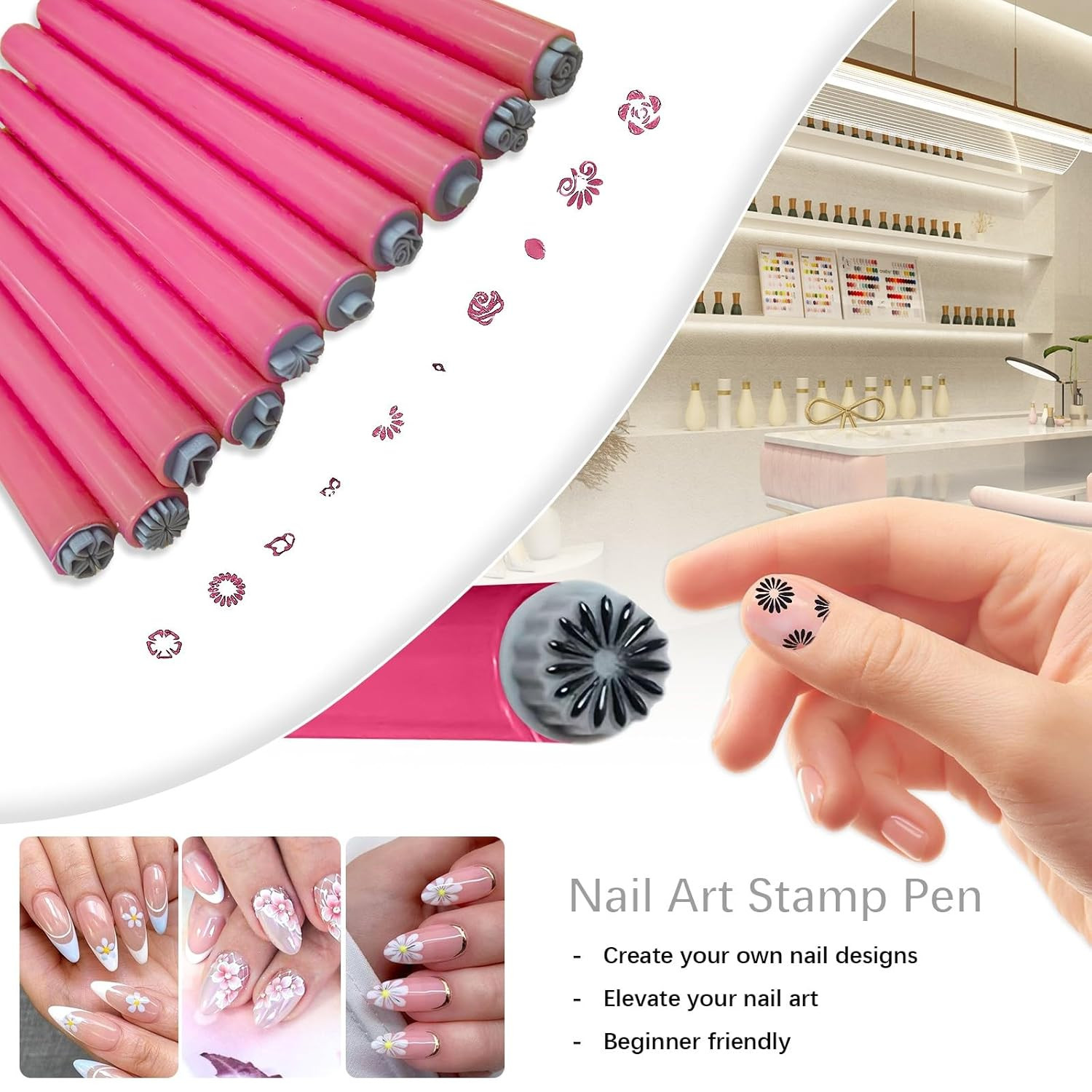 10Pcs Nail Art Stamp Pen Nail Art Flower Stamp Pen with 3 in 1 Nail Magnets Tool