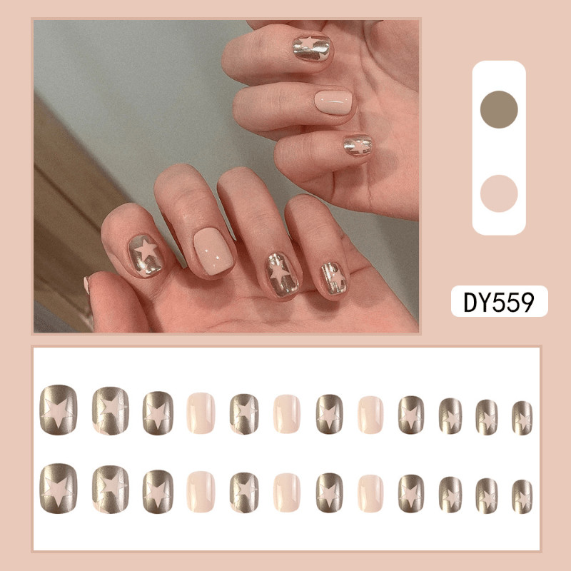 48pcs Short Almond Press on Nails, Nude Silver Mirror Star Casual Daily Nails