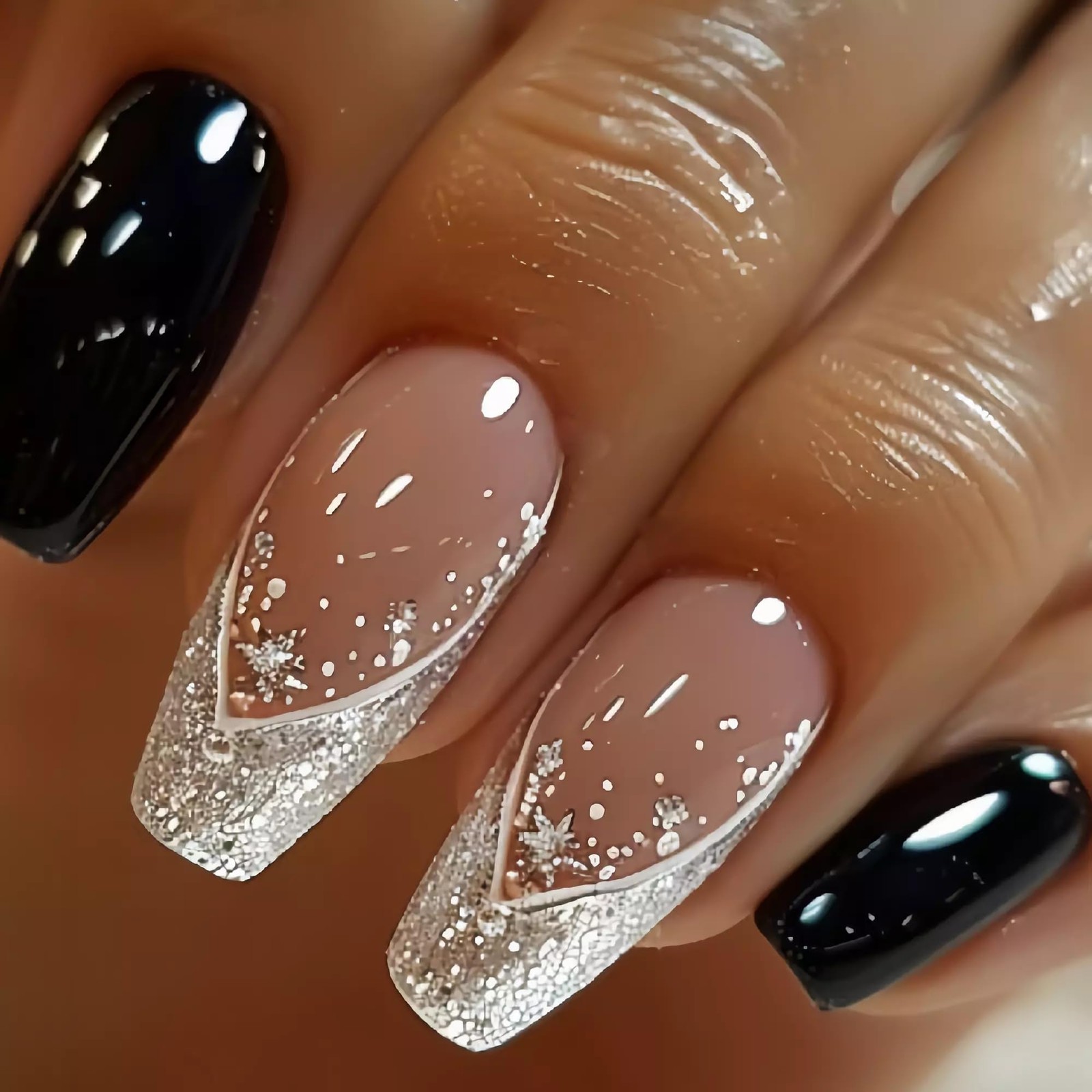 Press on Nails Long Coffin Fake Nails Black Glue on Nails Glitter Bling Shine…