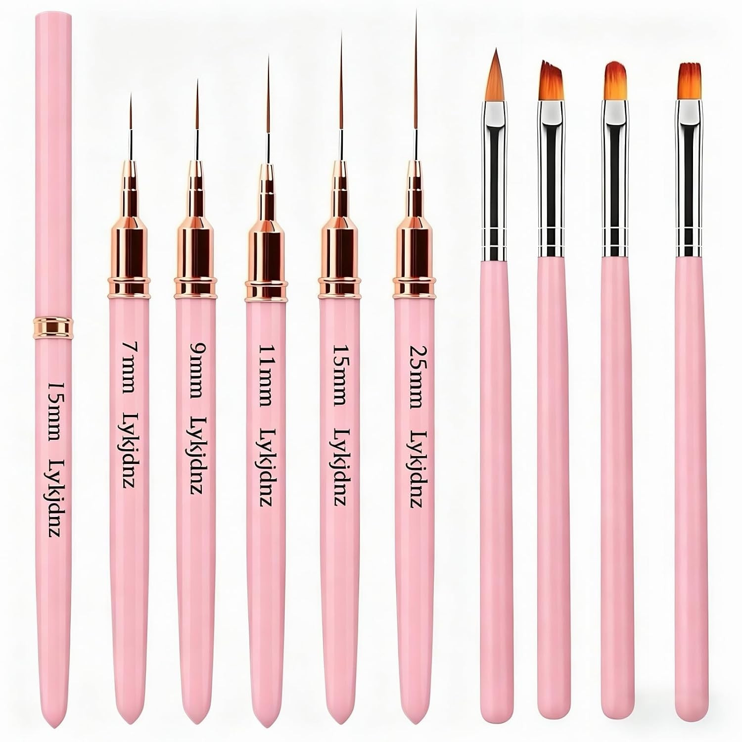 9Pcs Nail Art Brushes Set, 5 Pink Art Liners & 4 Multi-Shape Gel Brushes | Sizes