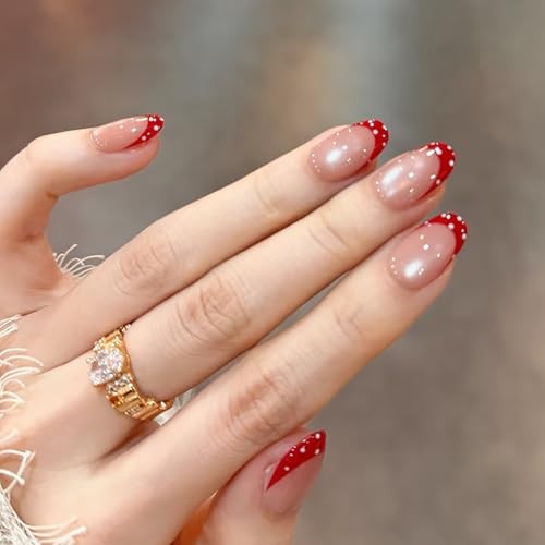 Wine Red French Short Press on Nails Nude Cat Eye Oval Fake Nails White Oval-S9
