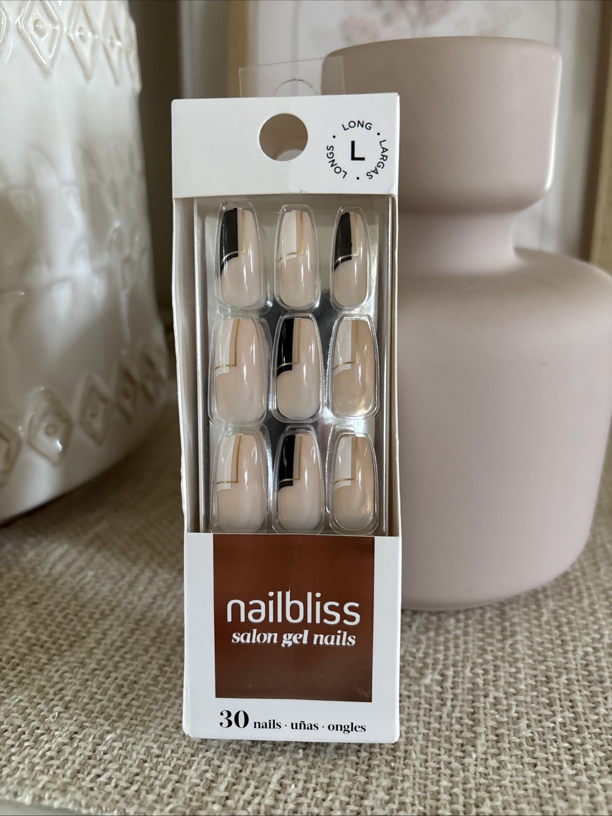 Nailbliss Salon Gel Nails Long Glue On Fake Nails Golden Age Nude Black White