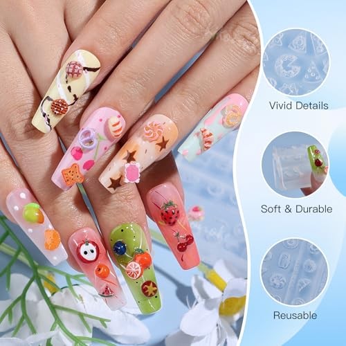 2 Pcs Food & Fruit Silicone Nail Molds, 3D Strawberry Cherry Apple Food Fruit