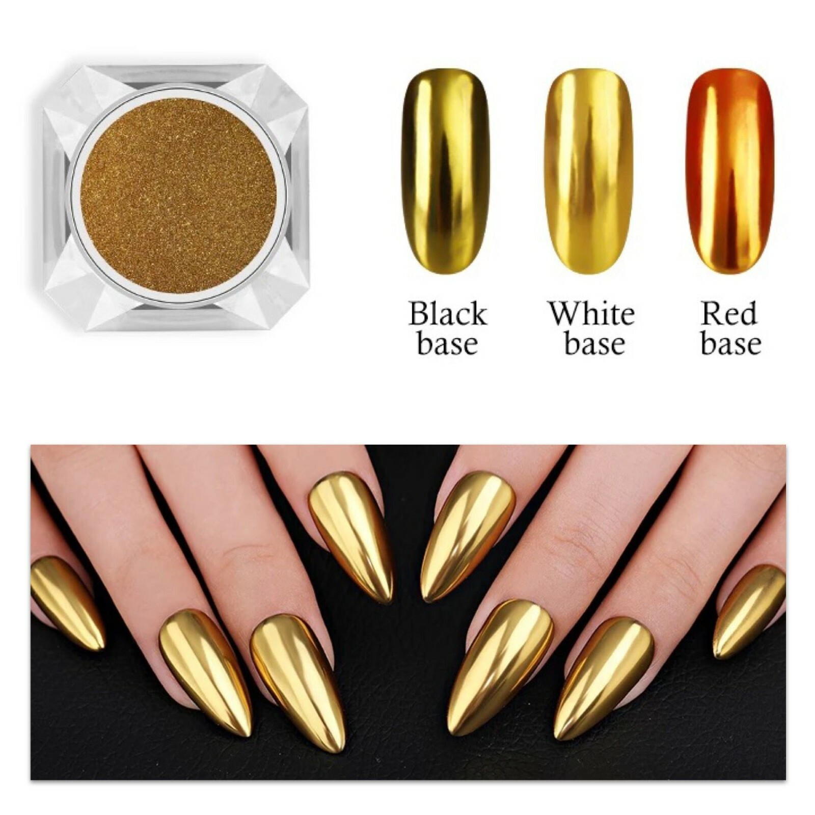 GOLD Mirror Nail Chrome Powder Effect Dust Nails Platinum Shimmer Pigment Brush