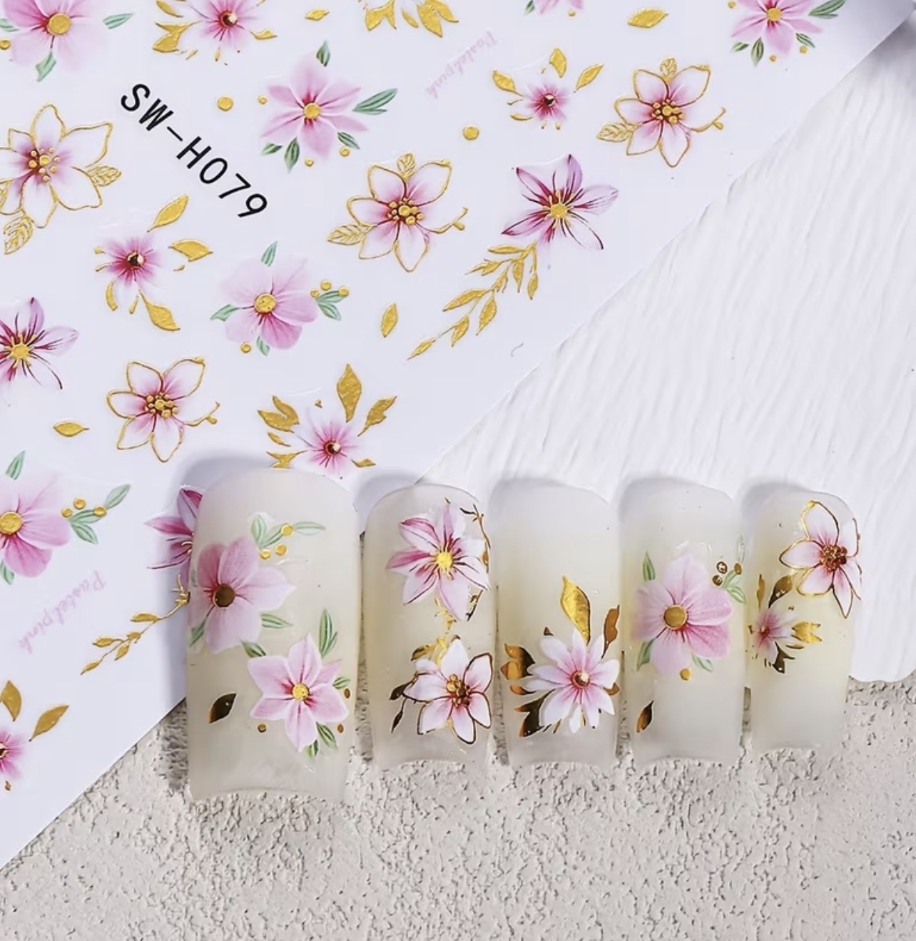 Nail Art Stickers Pink Gold Cherry Blossom Flower Summer Floral Decals H079