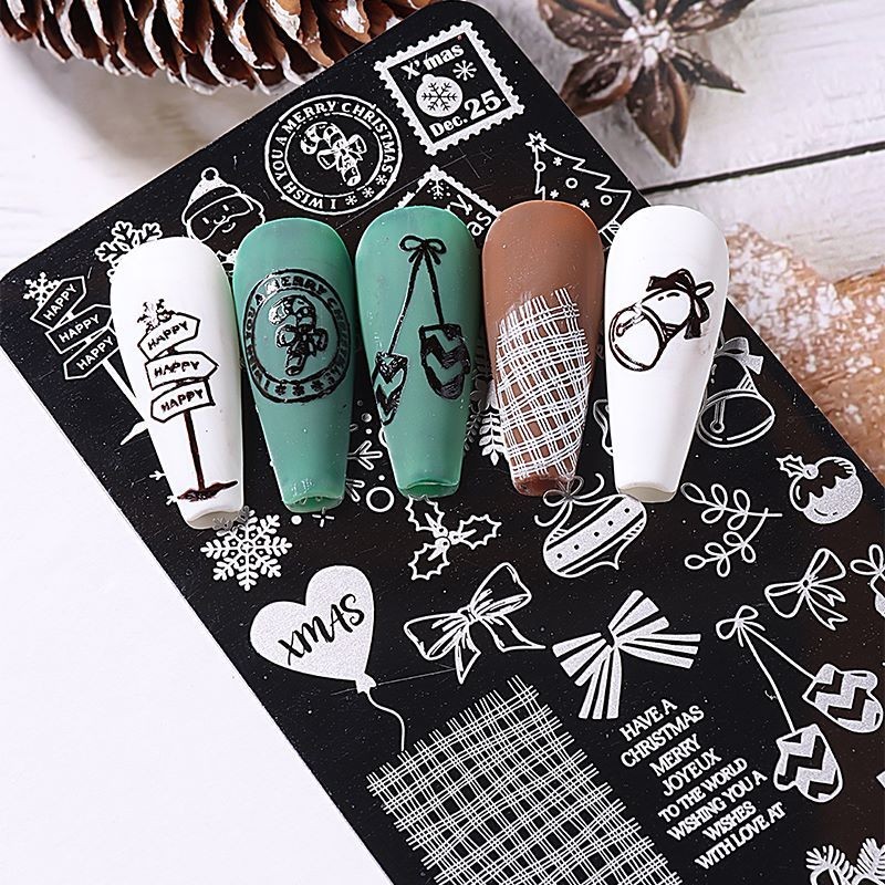 Snow Christmas Metal Nail Stamping Plates Holly Bells Stocking Tree Decal