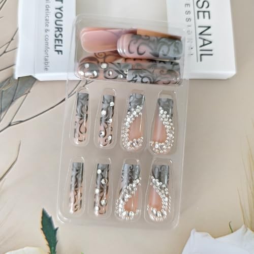 24Pcs Long Press on Nails Luxury Rhinestone Fake Nails silver rhinestones