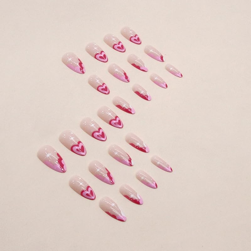 Almond Pink Heart French Glue on Stiletto Acrylic Nails 24Pcs Artificial Nail…