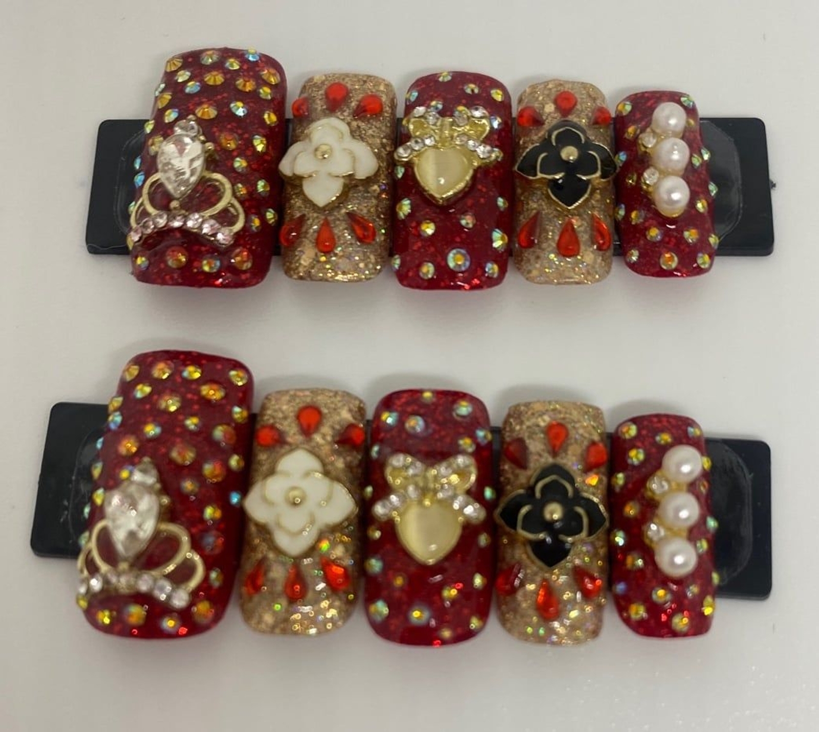 Red, Gold, Black, & White Square Press On Nail Set
