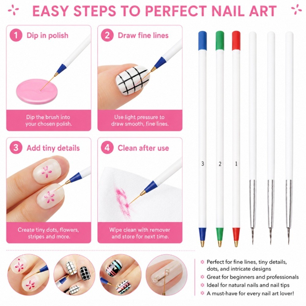6 Nail Art Liner Brushes Set-Precision Design Brush Lines, Dotting & Drawing Pen