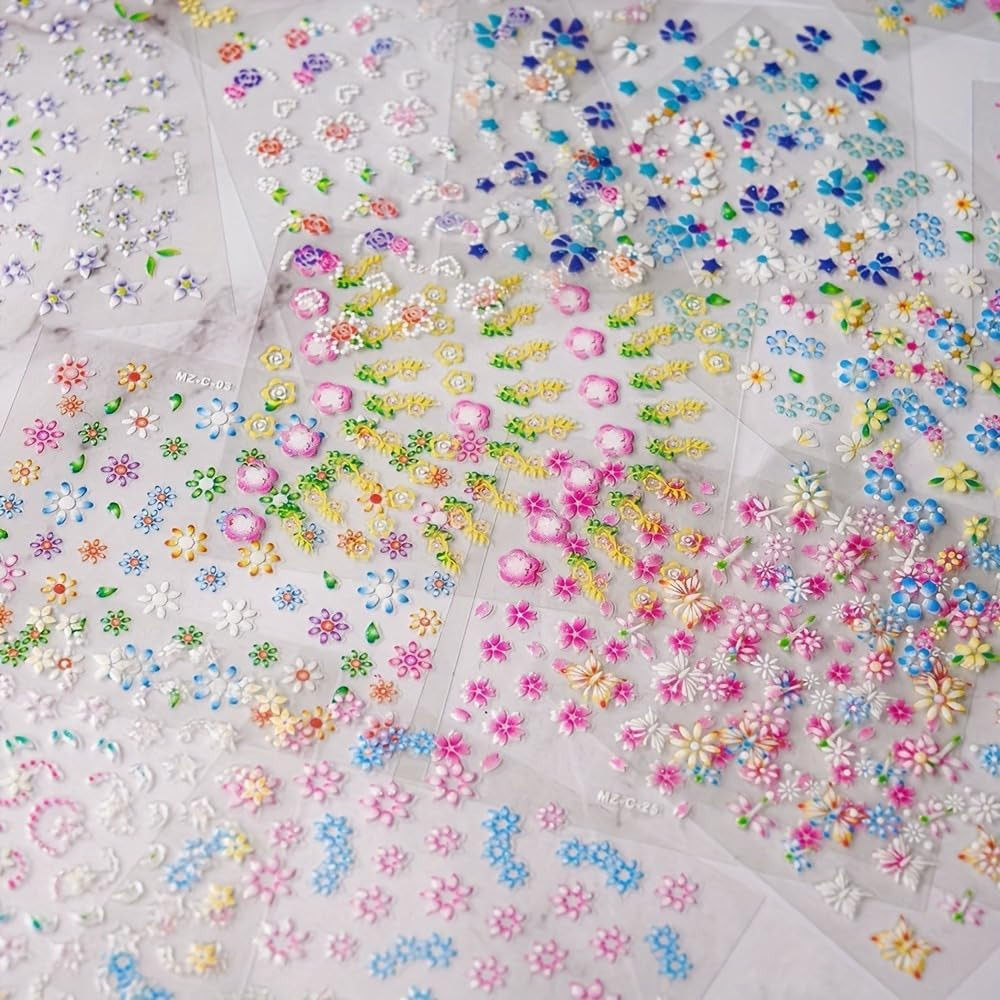 30 Sheets Flower Nail Stickers Colorful 3D Self Adhesive Cute Daisy Floral Nail