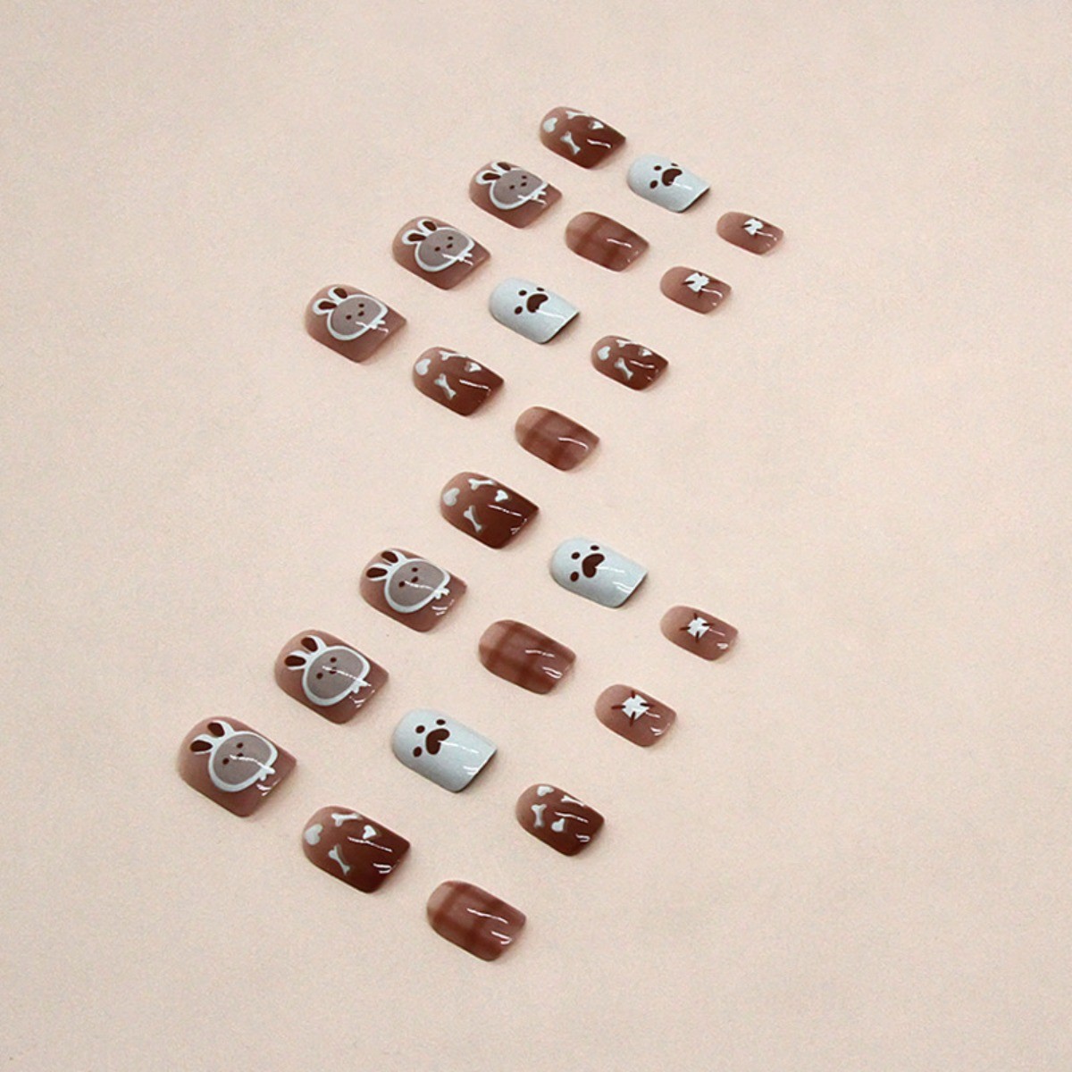 48pcs Short Round Press on Nails, Caramel Cartoon Puppy Plaid Cute Nails