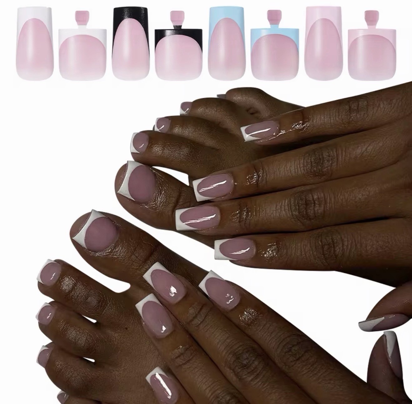 60PCS French Style Pink White Blue Full Cover Square Artificial Nail Tips Set