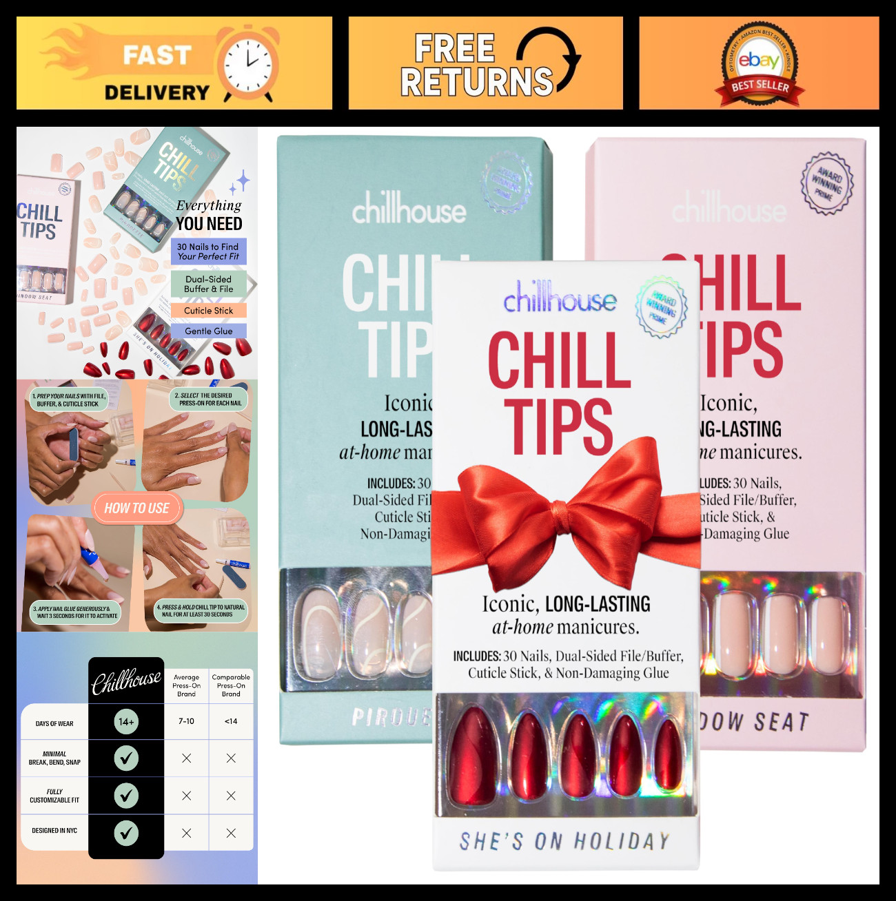Press On Nails Kit – 3-Pack, 30 Shapes & Sizes, Up to 2 Weeks Wear, Customizable