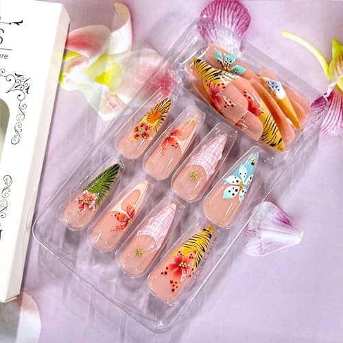 Colorful Flower Press on Nails Long Artificial Acrylic Fake Nails Animal Print