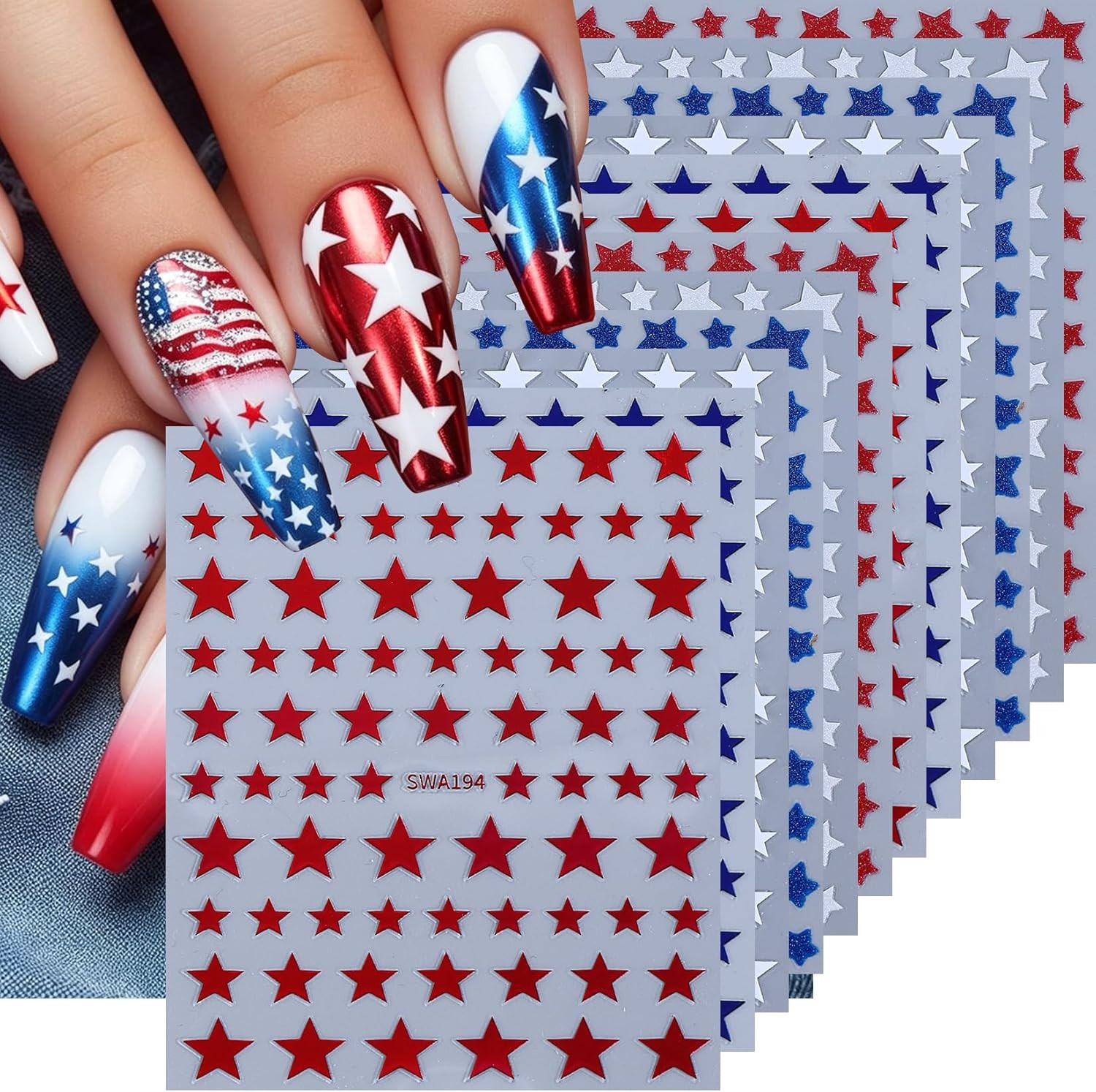 Independence Day Star Nail Art Stickers 12PCS Red White Blue Self Adhesive Nail