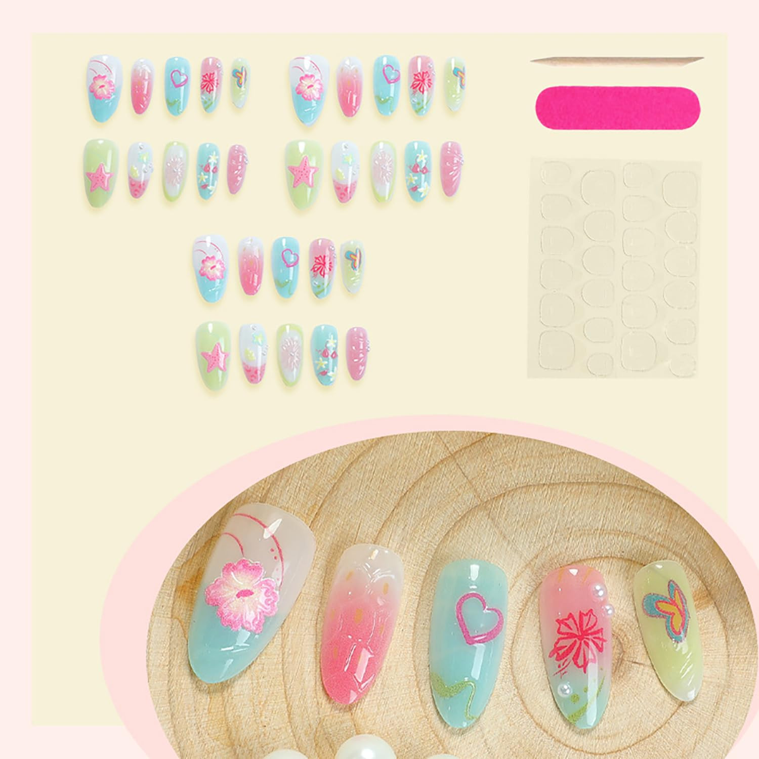 30Pcs Summer Press on Nails Medium Almond Fake Nails with 3D Starfish Designs, 3