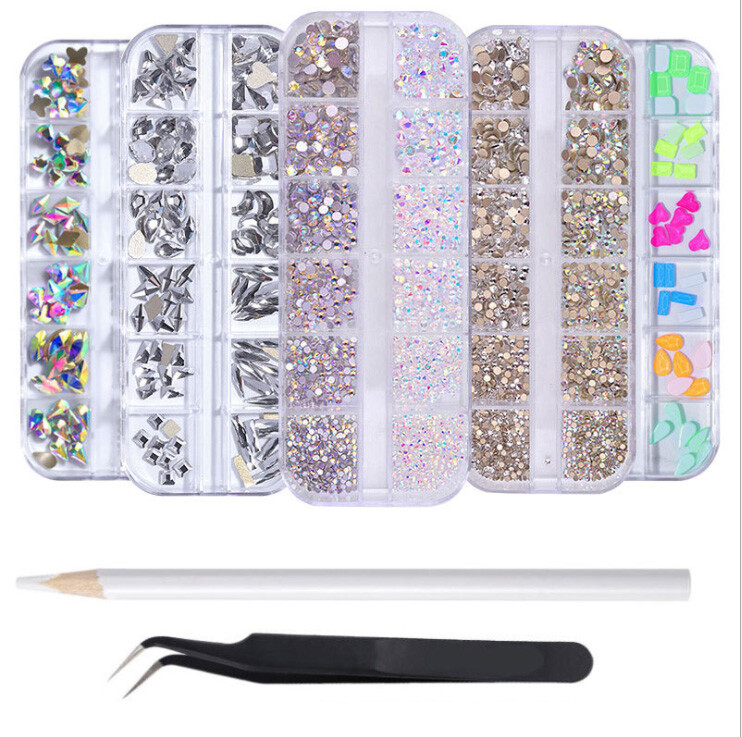 3D Glitter Mix Gems Nail Rhinestones Picker Pen Tweezers Kit for Nail Art Decor