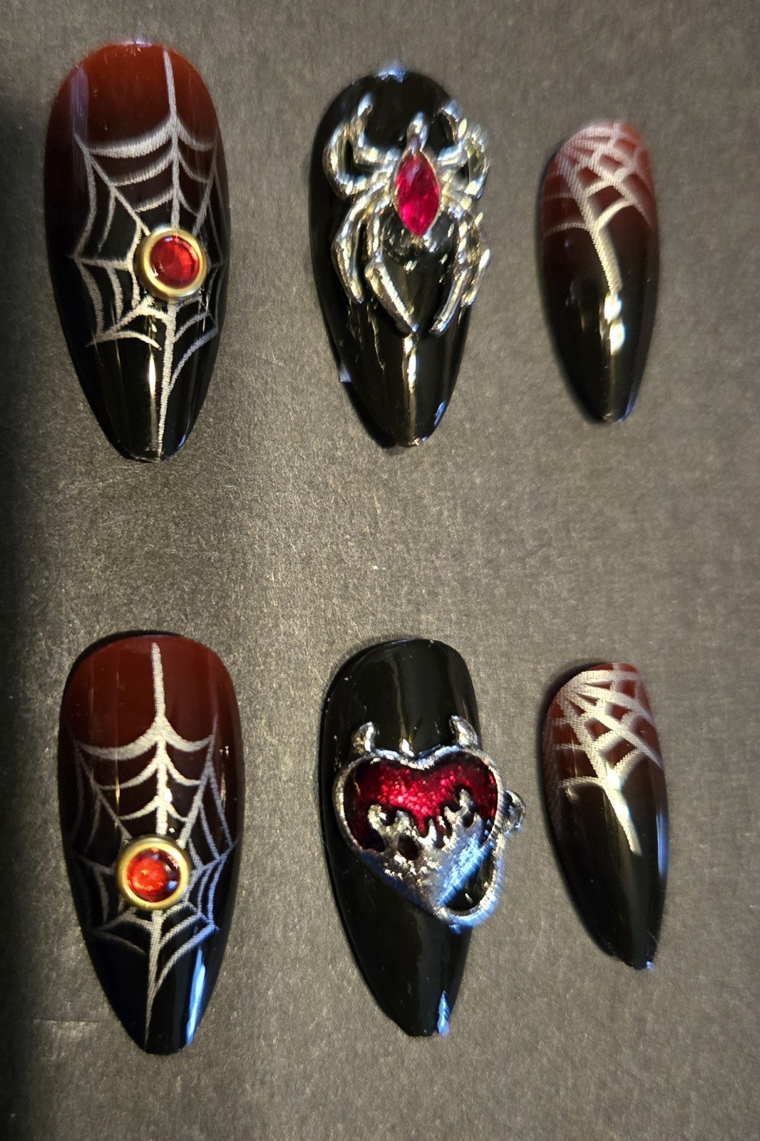 Black Red Silver Spiders Webs Red Gemstones Press On Nails Halloween Decorated