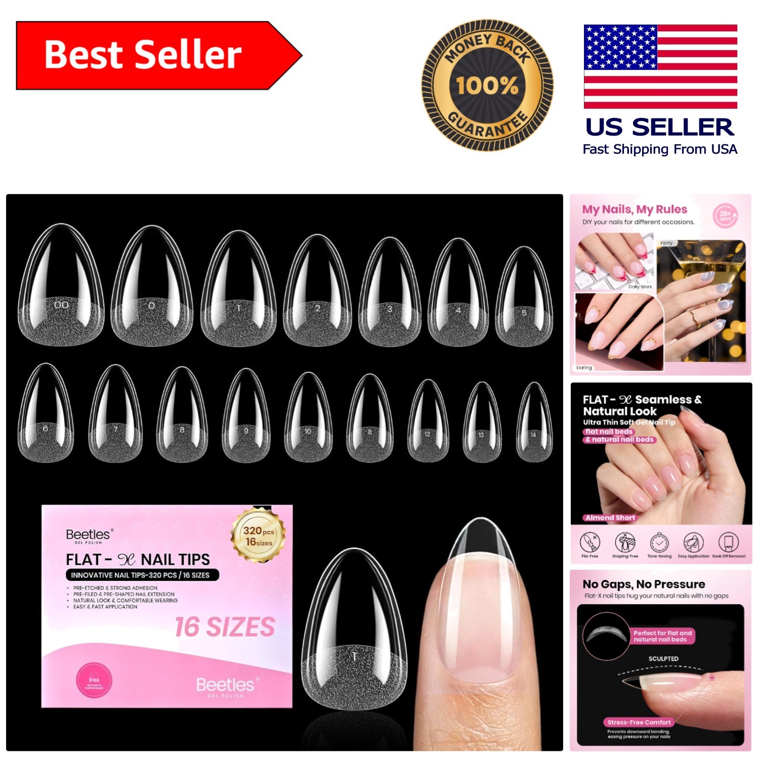 320pcs Pre-Etched Almond Short Gel Nail Tips – Perfect for Natural Nail Beds