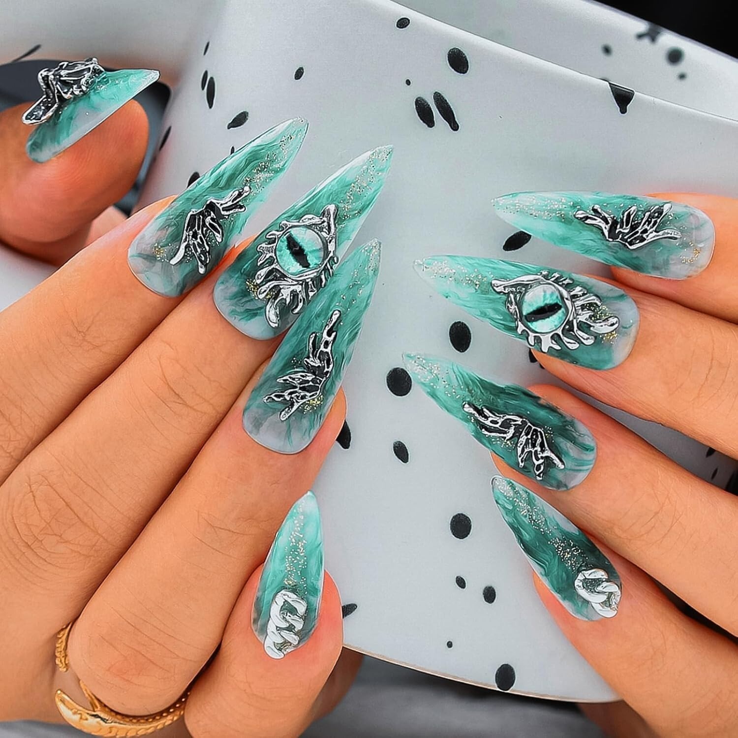 10 Piece 3D Reusable Handmade Press On Nails Set Angel Gothic