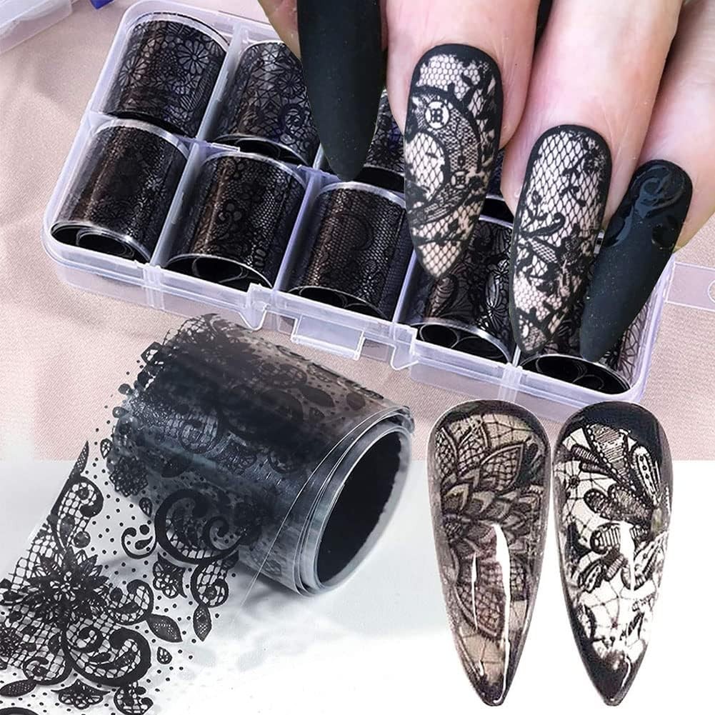 Eco-Friendly 10-Pack Black Lace Nail Foil Transfer Stickers for Creative Nails
