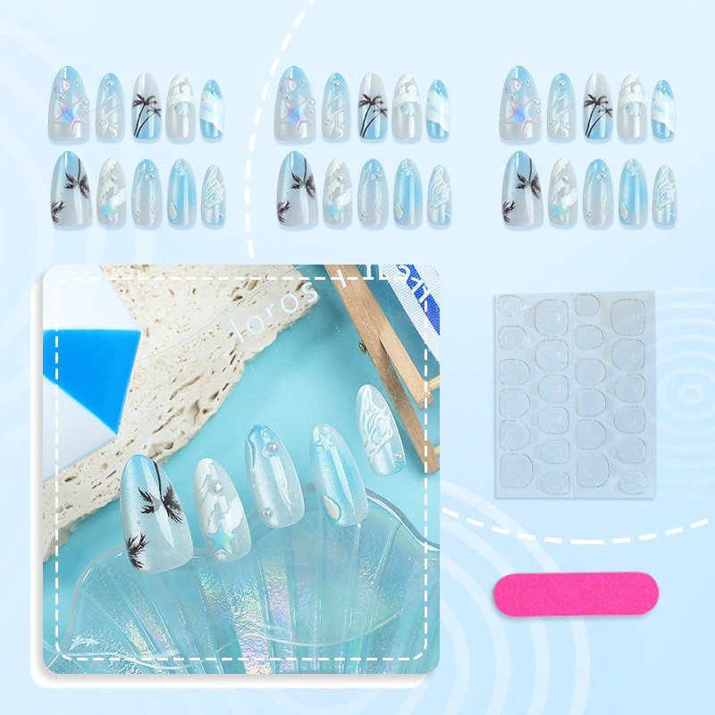 60Pcs-Blue Ocean 3D Starfish Shell Short Square Press on Nails Palm Tree Tips