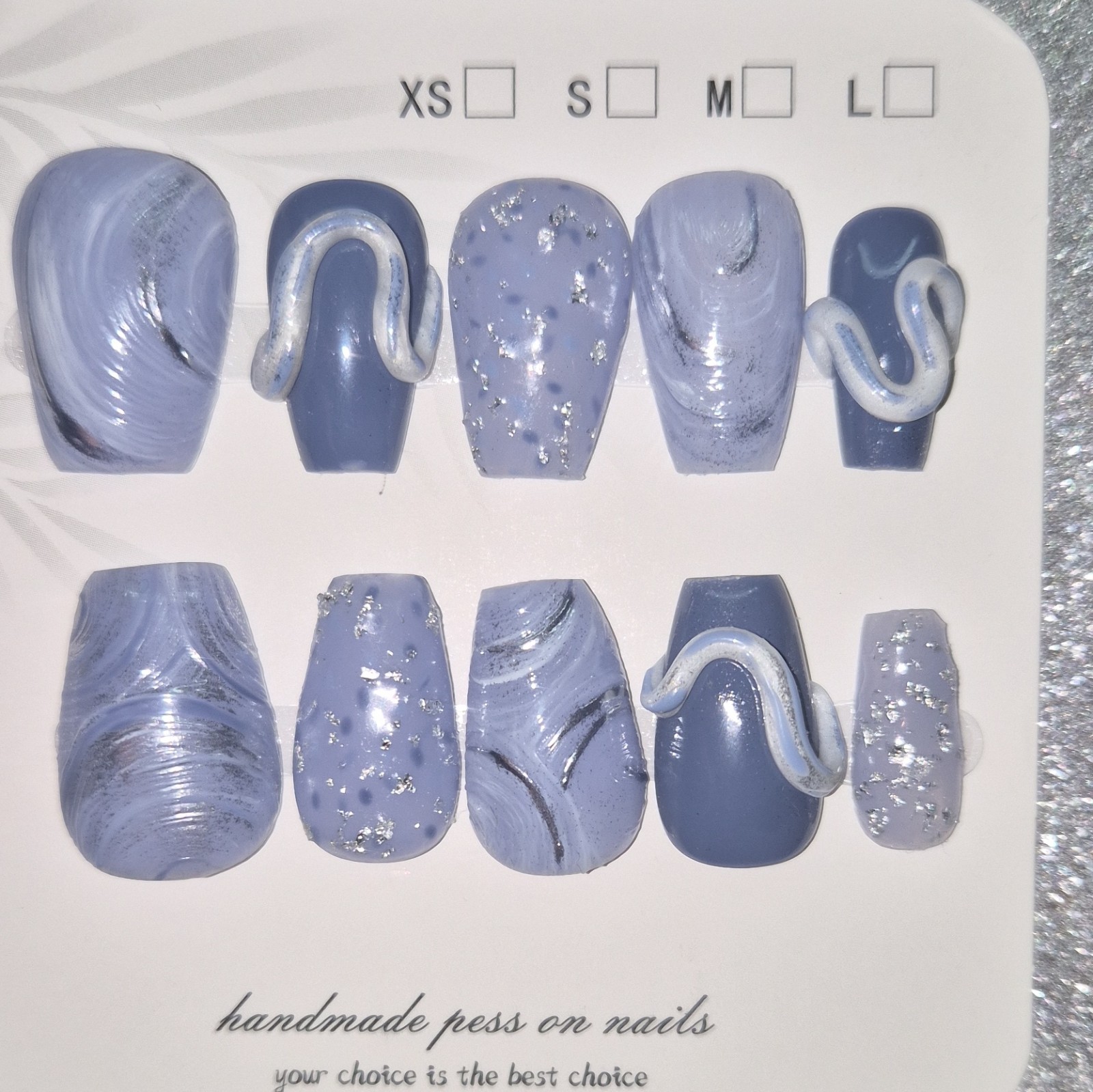 Blue Silver Glitter Abstract Short Coffin Press-On Nails Set Pre-Designed