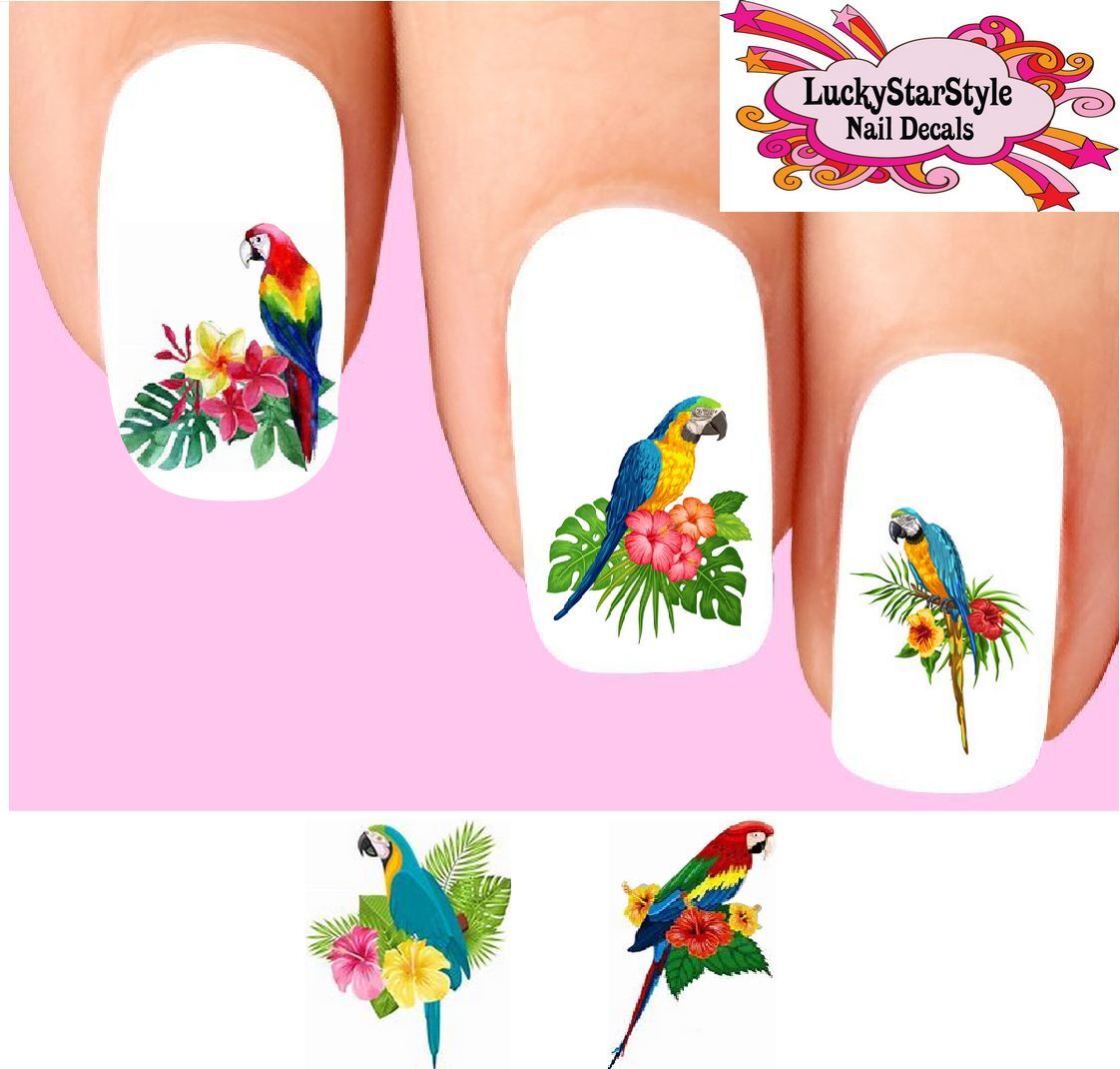 Waterslide Bird Nail Decals Set of 20 – Tropical Parrot & Flowers Assorted
