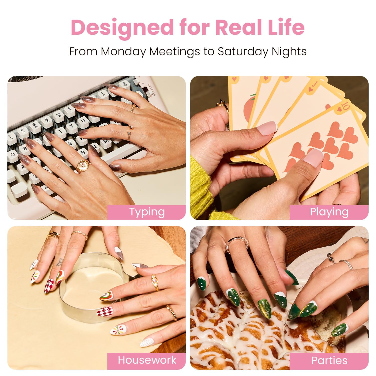 Press on Nails, Red White & Blue Swirl Medium Almond Fake Nails with 3D Stars &