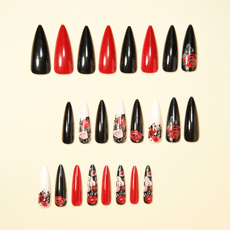 48pcs Stiletto Press on Nails, Black Red Ombre 3D Rose Gothic Manicure Nails