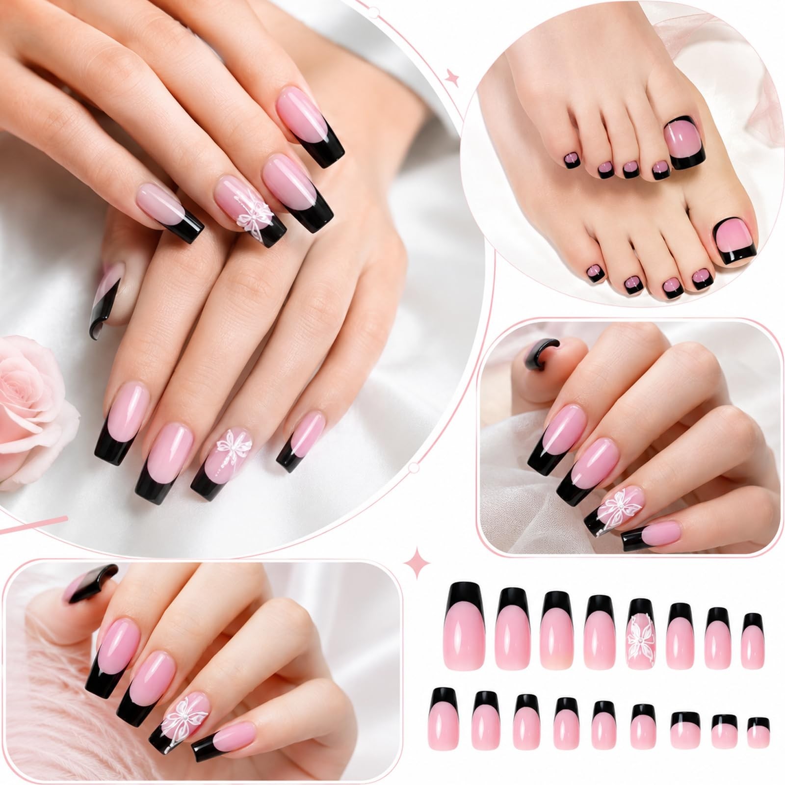 144 Pcs French Tip Press on Nails and Toenails, 12 Sizes Full Cover Square