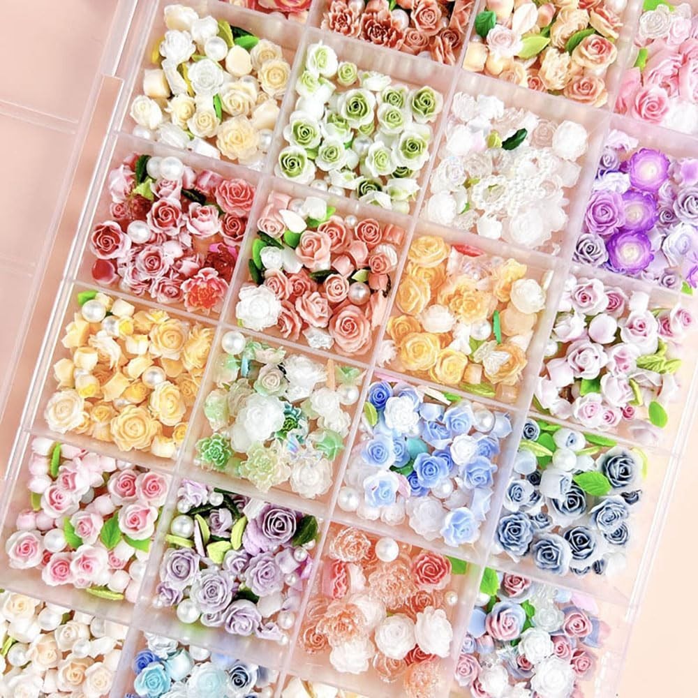Colorful Flower Nail Charms Set – 24 Mixed Floral Designs with Pearl Leaves & Re